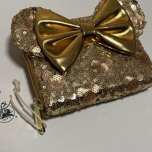 New Disney Parks Loungefly Gold Sequined Minnie Mouse Ear Bow Wallet Clutch
